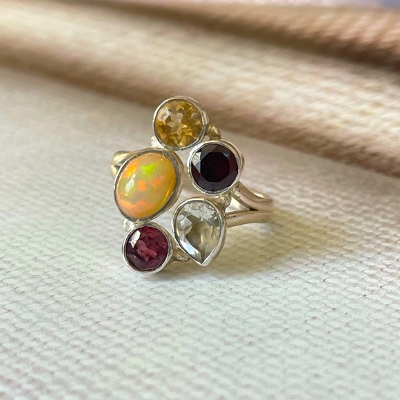 925 silver and natural Opal multi gemstone ring Adjustable Ring!! OS “VIBES” - Picture 3 of 16